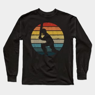 Cricket Player Silhouette On A Distressed Retro Sunset print Long Sleeve T-Shirt